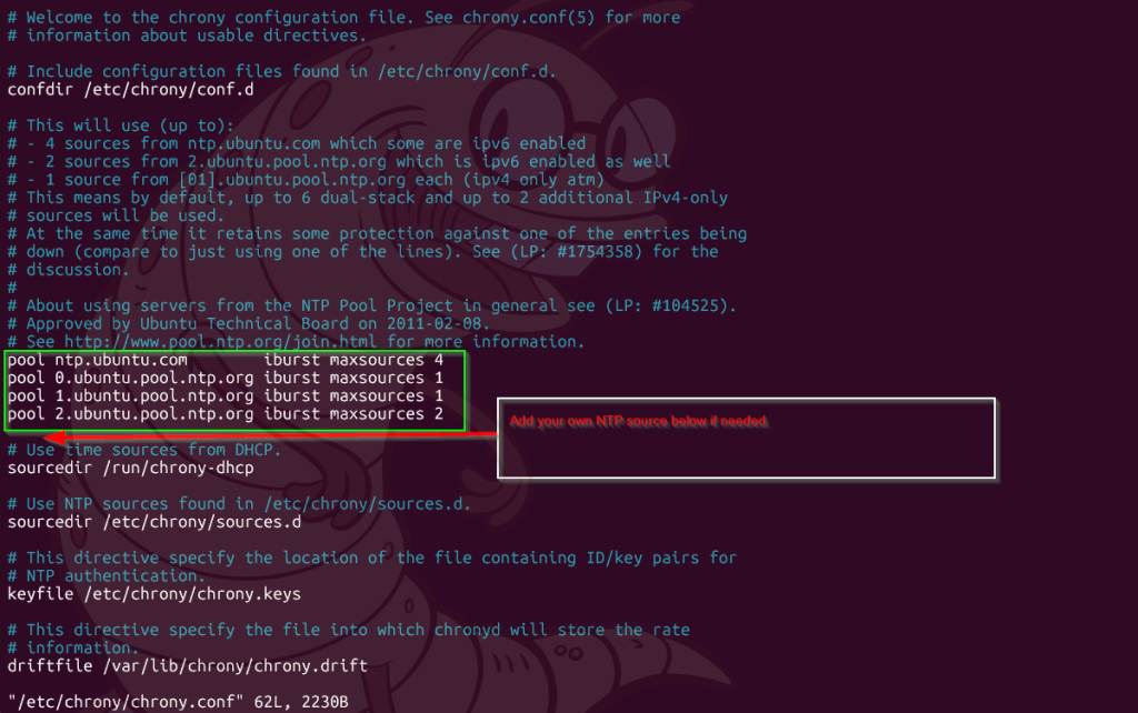 Image shows the vi editor editing the /etc/chrony/chrony.conf file.